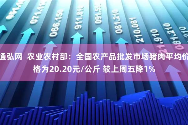 通弘网  农业农村部：全国农产品批发市场猪肉平均价格为20.20元/公斤 较上周五降1%